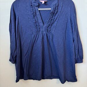 Lilly Pulitzer Size Medium (M) Women's Navy Blue Ruffle Detail Long Sleeve Blous